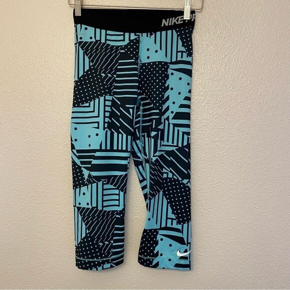 Nike Pro run geometric print patchwork capri dri fit cropped running leggings M - Picture 2 of 10